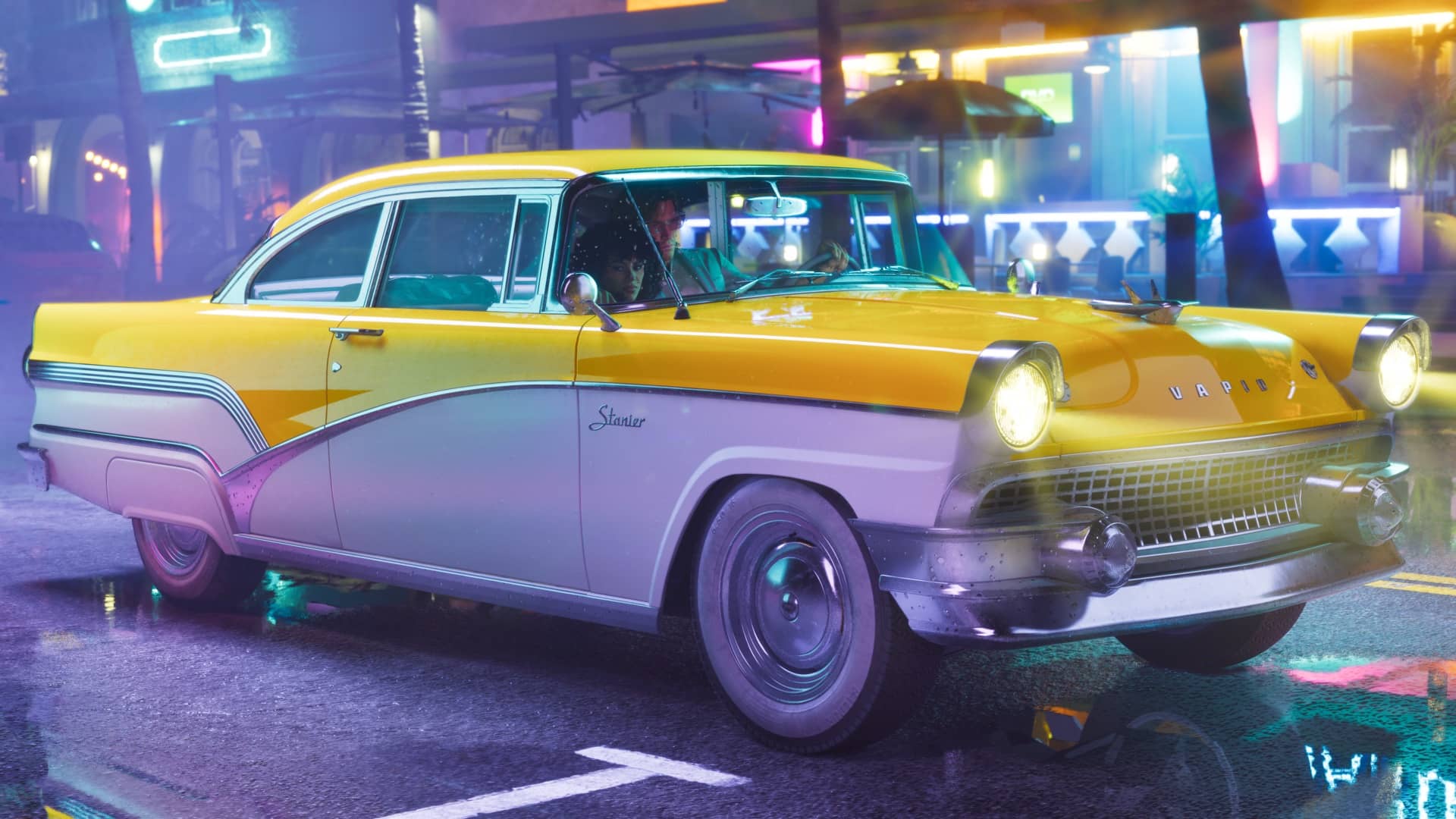 Vapid Stanier '55 classic sedan, the pre-order bonus ride from the GTA VI Vintage Vice City Pack, parked near Ocean Beach. Vapid Stanier '55 classic sedan, the pre-order bonus ride from the GTA VI Vintage Vice City Pack, parked near Ocean Beach.