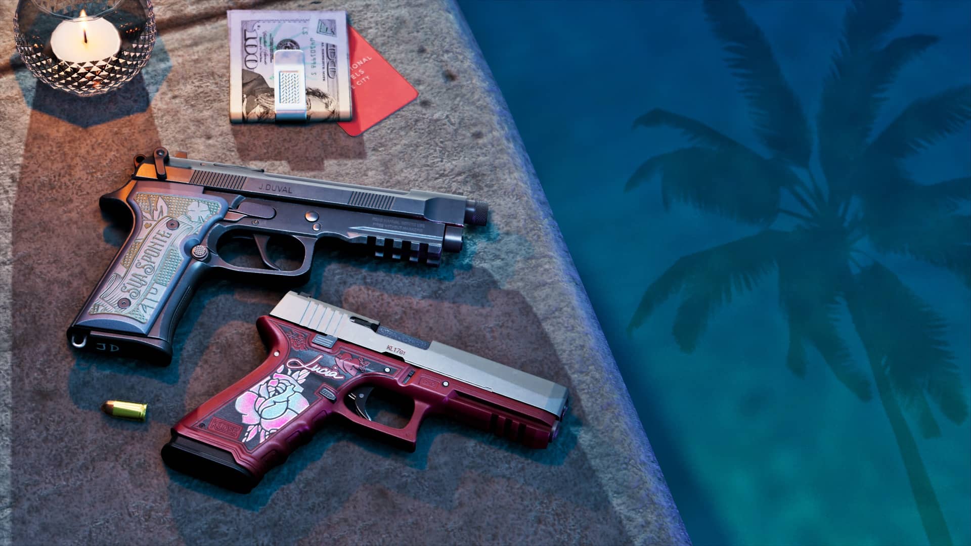 Girardi ES9 — Jason's custom-engraved sidearm, shown alongside the Klose K17, confirmed for the GTA VI Ultimate Edition. Girardi ES9 — Jason's custom-engraved sidearm, shown alongside the Klose K17, confirmed for the GTA VI Ultimate Edition.