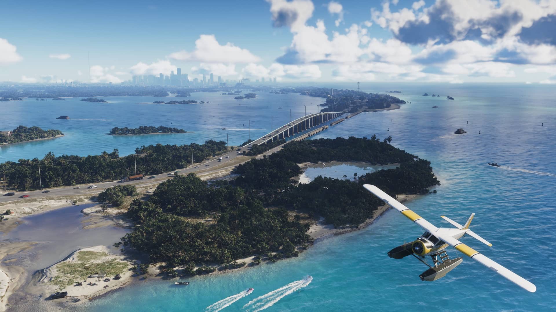 Aerial of the Leonida Keys causeway with a seaplane — Leonida Keys, GTA 6 Tropical archipelago Aerial of the Leonida Keys causeway with a seaplane — Leonida Keys, GTA 6 Tropical archipelago