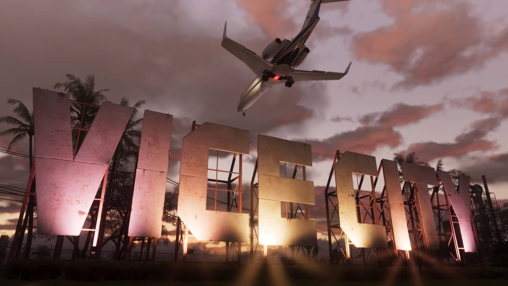 The giant Vice City sign at sunset with a jet overhead — Vice City, GTA 6 Neon metropolis The giant Vice City sign at sunset with a jet overhead — Vice City, GTA 6 Neon metropolis