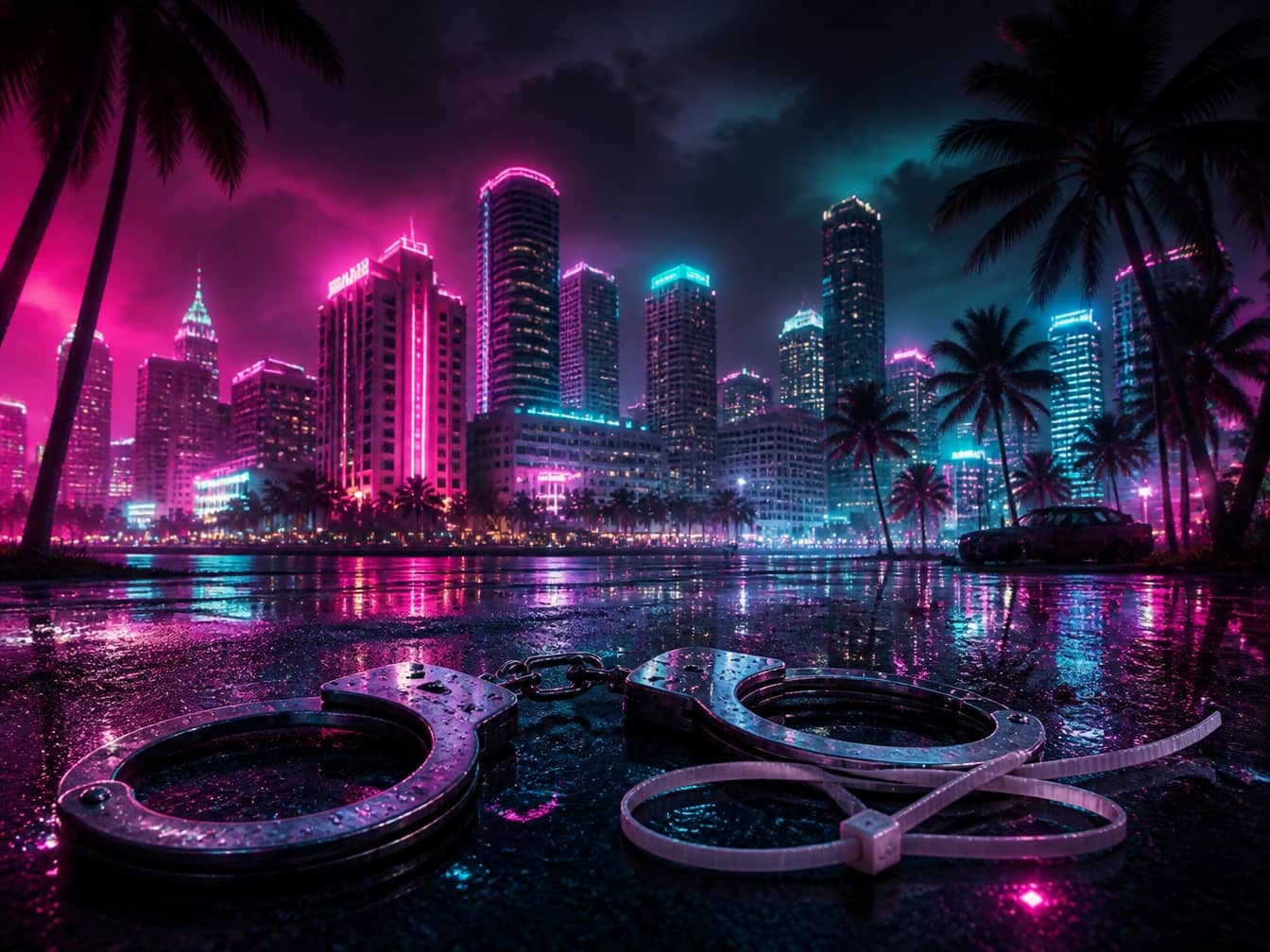 GTA 6 key art with a pair of handcuffs and cable ties overlaid on Vice City's skyline, referencing RDR2's hogtie mechanic debate.