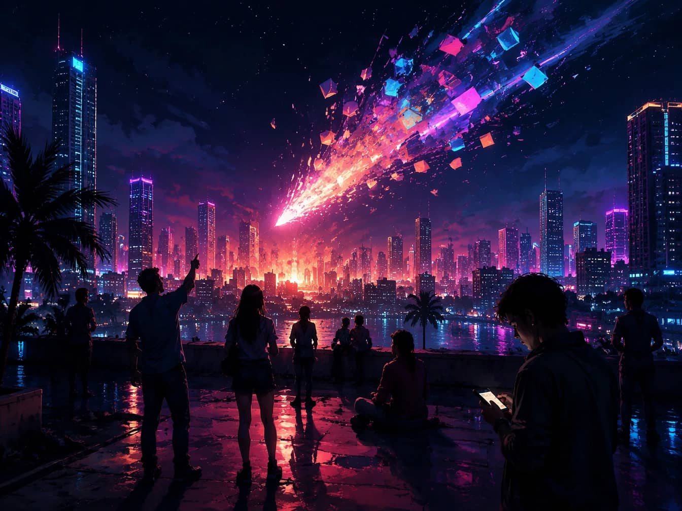 A meteor representing GTA 6 streaks toward a neon Vice City skyline as rooftop onlookers watch — one pointing up in awe, another scrolling their phone unmoved, illustrating Shawn Layden's point about gaming's reach problem.