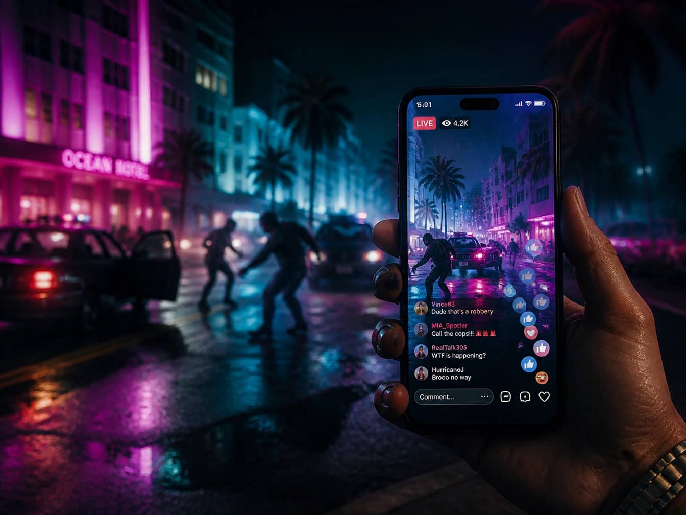 GTA 6 key art of a smartphone filming a heist, symbolizing the fan-theorized social media wanted level mechanic.
