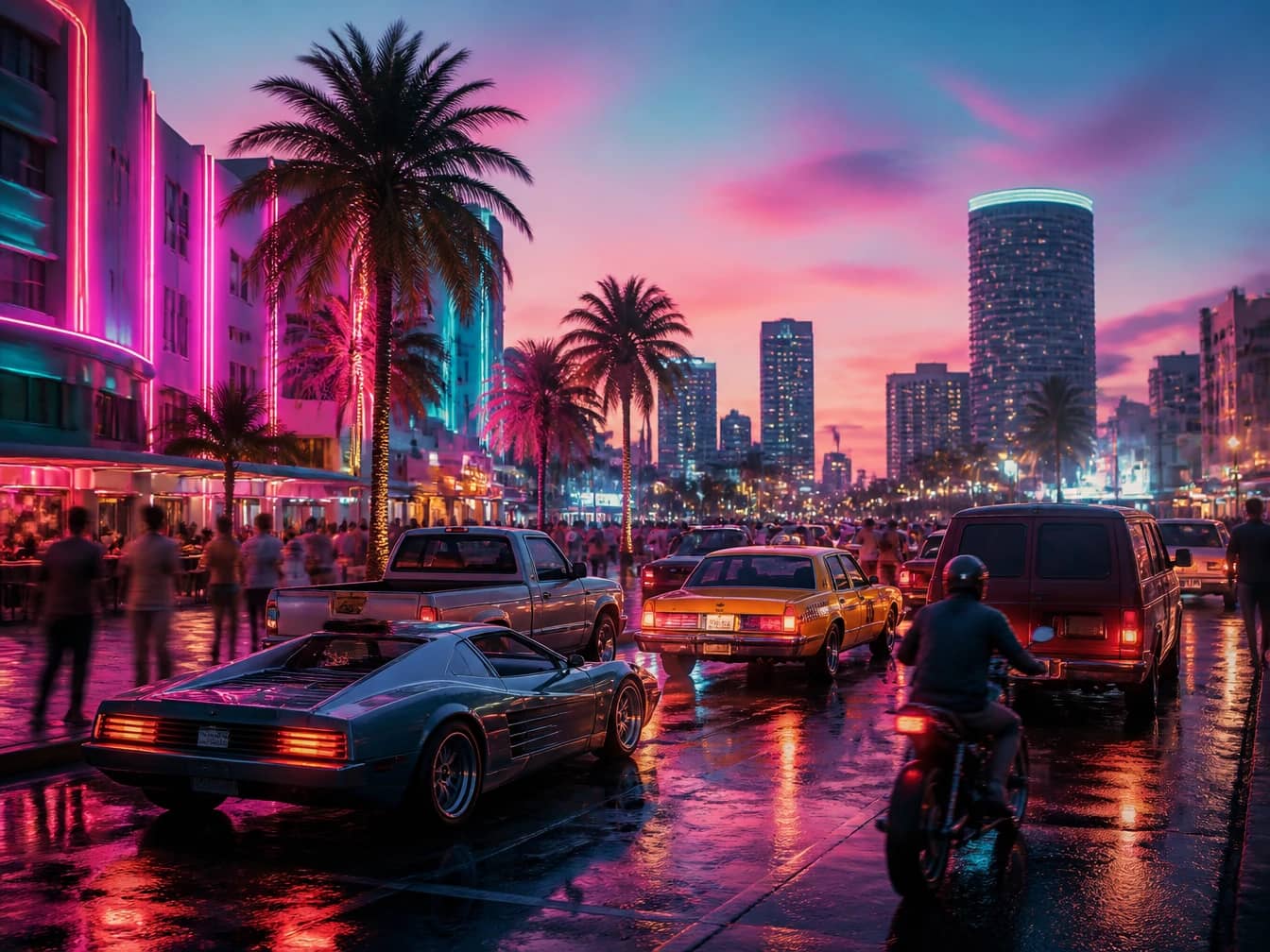 GTA 6 key art of a busy Vice City street packed with varied traffic, the kind of car variety fans hope replaces duplicate NPC vehicles.